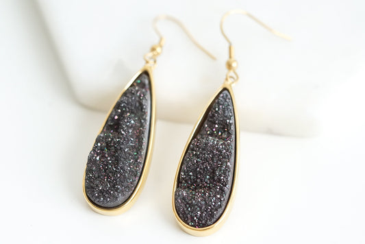 Druzy Collection - Raven Quartz Drop Earrings (Unique)