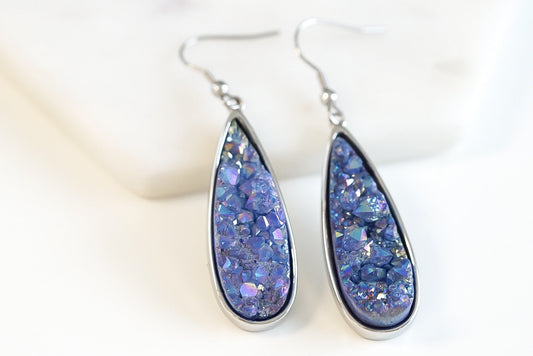 Druzy Collection - Silver Denim Quartz Drop Earrings (Unique)