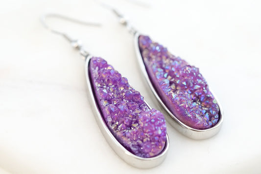 Druzy Collection - Silver Royal Quartz Drop Earrings (Unique)